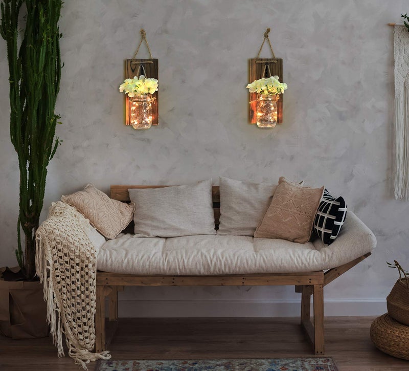 Greenco GRC2859 Wall Hung Mason Jar Sconce with Faux Flower and Led Strip Lights, Rustic - Image 5